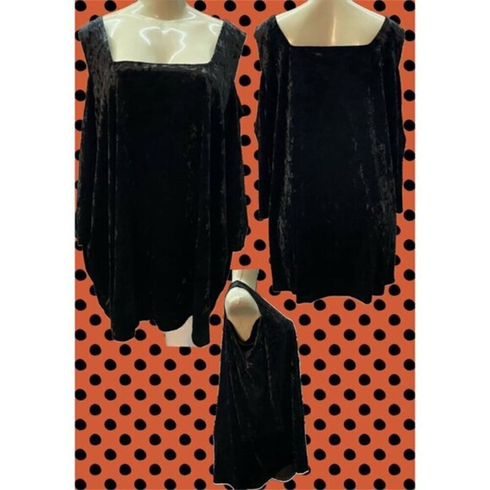 Catherines +2X Black Crushed Velour Square Neckline Cold Shoulder 1/2 Sleeve Top